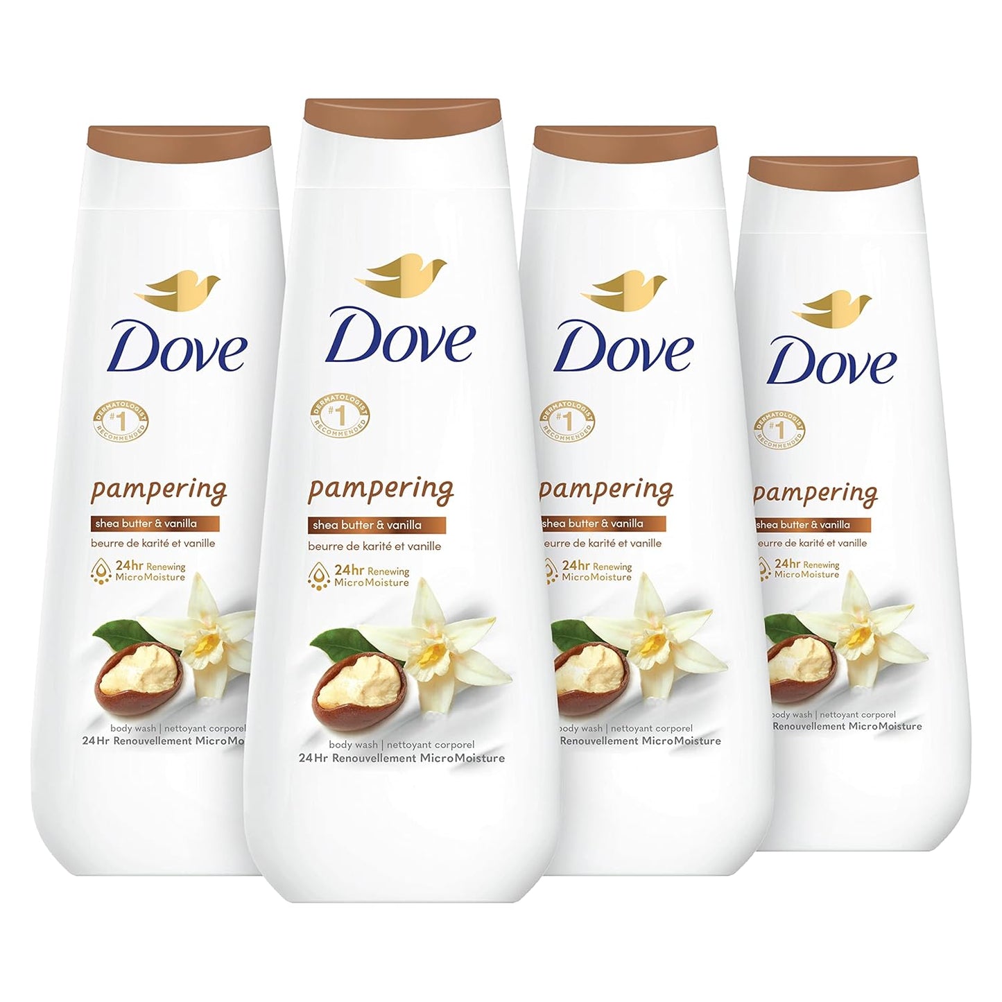 Dove Body Wash 4 Count Pampering Shea Butter & Vanilla for Renewed, Healthy-Looking Skin Gentle Skin Cleanser with 24hr Renewing MicroMoisture 20 oz - Renee Lane Company