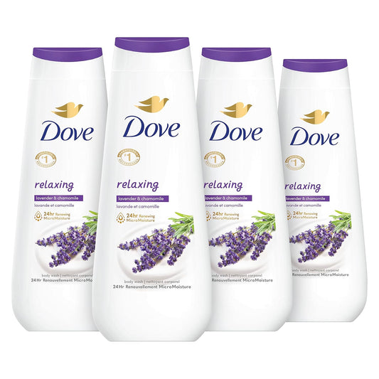 Relaxing body wash bottles with purple caps and lavender & chamomile labels
