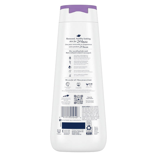 Body wash bottle back label with directions and barcode, purple cap, white bottle