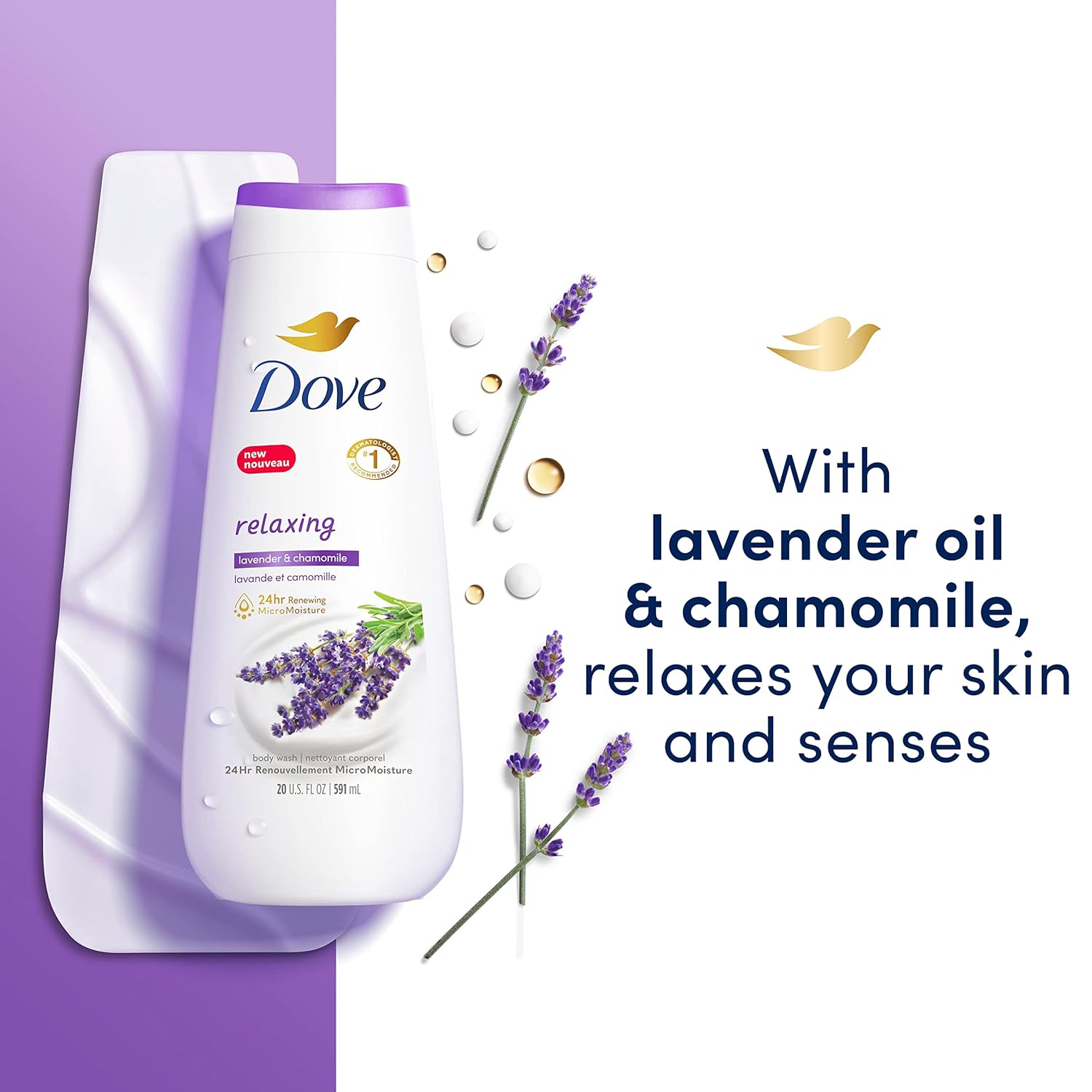 Dove Body Wash 4 Count Relaxing Lavender Oil & Chamomile for Renewed, Healthy-Looking Skin Gentle Skin Cleanser with 24hr Renewing MicroMoisture 20 oz - Renee Lane Company