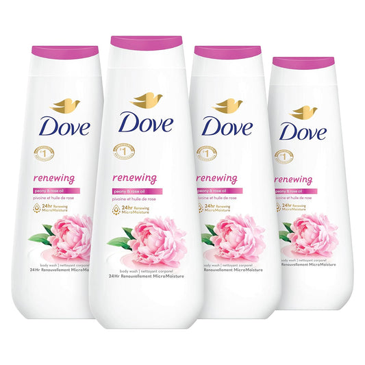 Renewing body wash bottles, white with pink caps and Dove logo with peony graphic