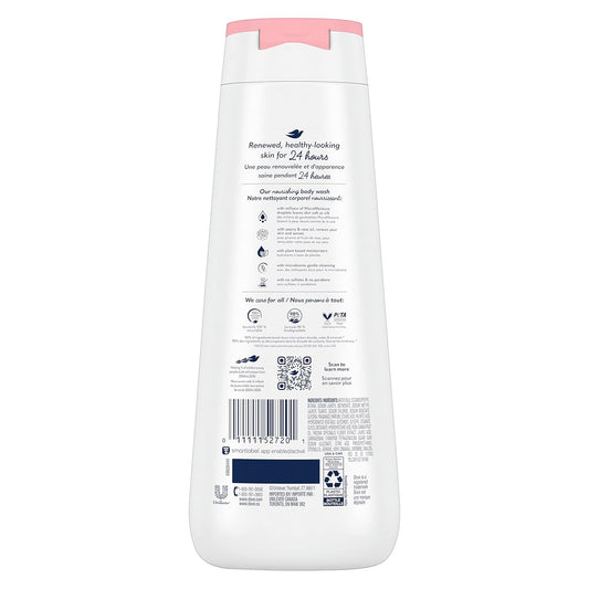 Body wash bottle back label, white bottle with pink cap and barcode