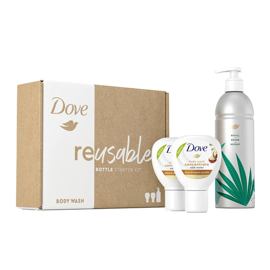 Body wash starter kit with aluminum reusable bottle, concentrate pouch, and body wash