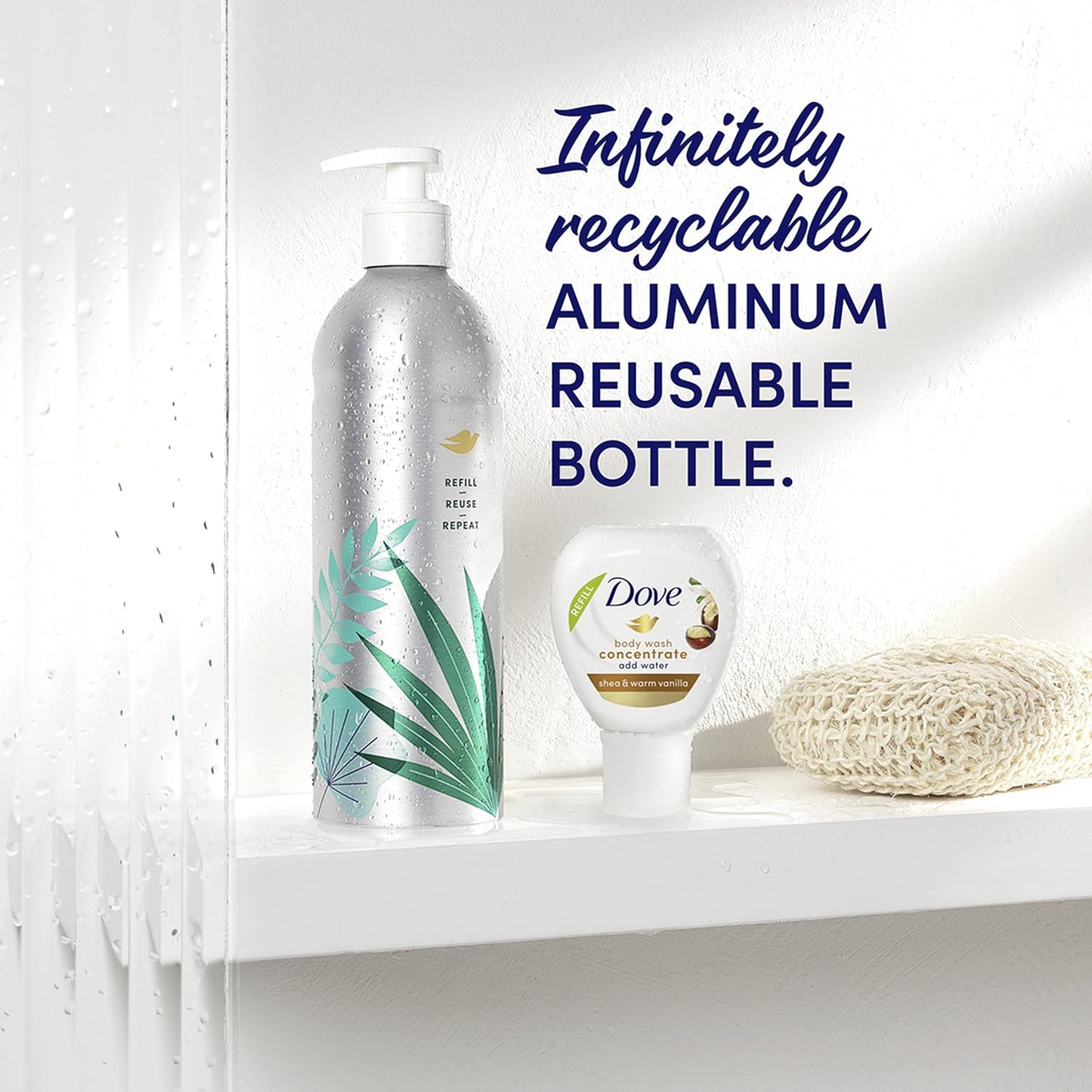 Dove Body Wash Aluminum Reusable Bottle and Concentrate Refill (2x) Starter Kit for Instantly Soft Skin Shea and Warm Vanilla for Skin Care and Lasting Nourishment 4oz (makes 16oz) - Renee Lane Company