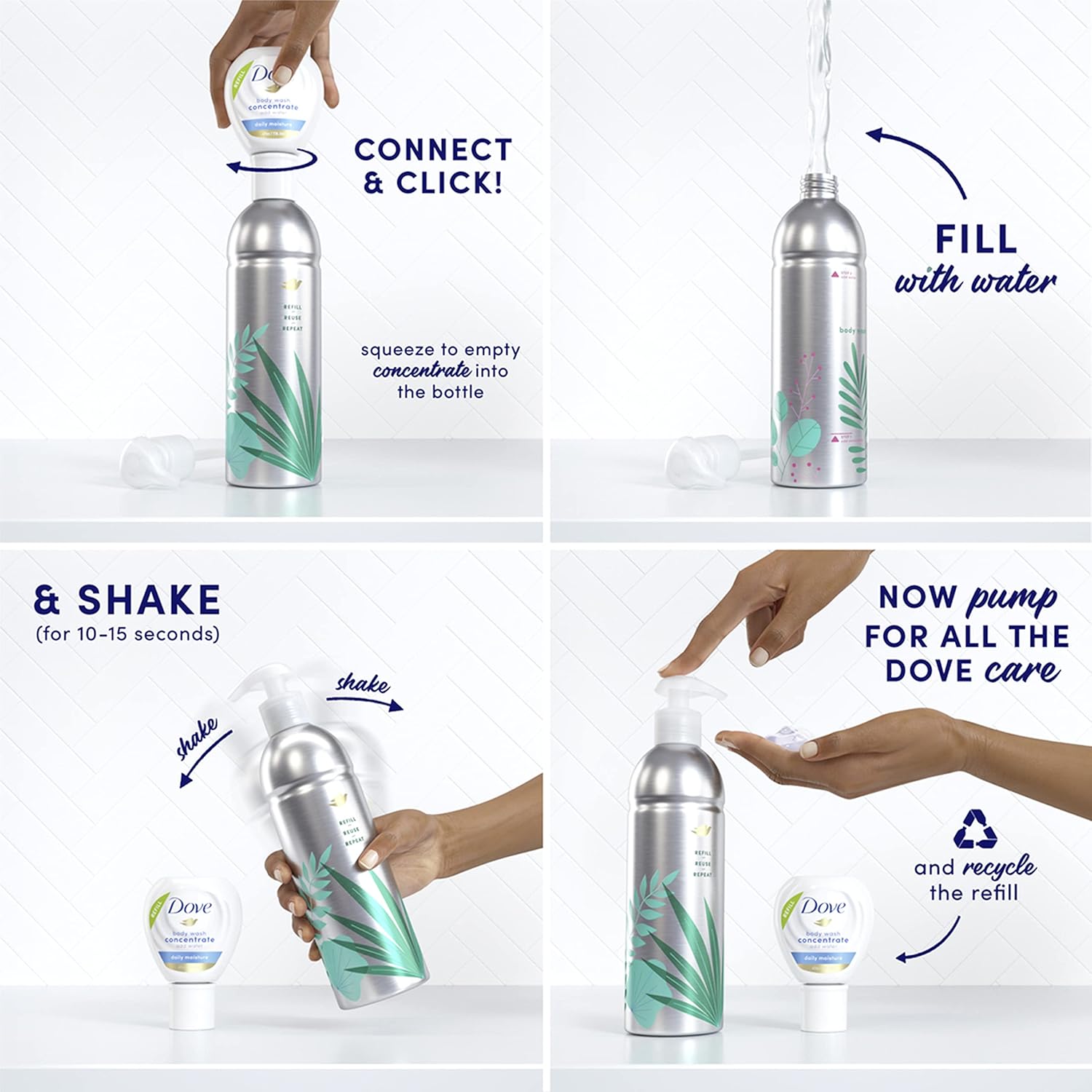 Dove Body Wash Aluminum Reusable Bottle and Concentrate Refill (2x) Starter Kit for Instantly Soft Skin Shea and Warm Vanilla for Skin Care and Lasting Nourishment 4oz (makes 16oz) - Renee Lane Company