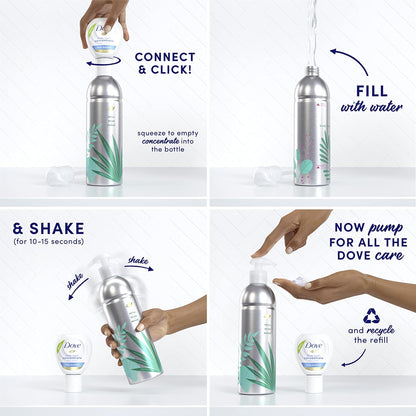 Dove Body Wash Aluminum Reusable Bottle and Concentrate Refill (2x) Starter Kit for Instantly Soft Skin Shea and Warm Vanilla for Skin Care and Lasting Nourishment 4oz (makes 16oz) - Renee Lane Company