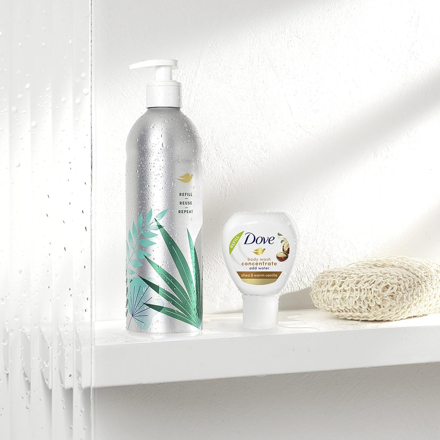 Dove Body Wash Aluminum Reusable Bottle and Concentrate Refill (2x) Starter Kit for Instantly Soft Skin Shea and Warm Vanilla for Skin Care and Lasting Nourishment 4oz (makes 16oz) - Renee Lane Company