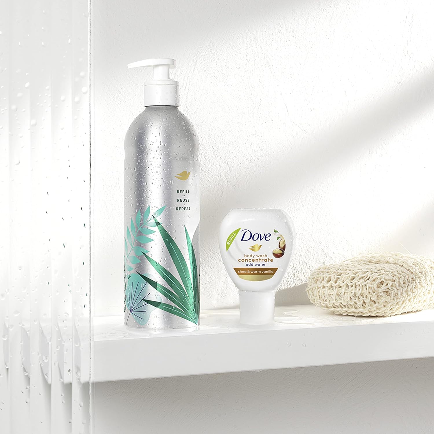 Dove Body Wash Aluminum Reusable Bottle and Concentrate Refill (2x) Starter Kit for Instantly Soft Skin Shea and Warm Vanilla for Skin Care and Lasting Nourishment 4oz (makes 16oz) - Renee Lane Company