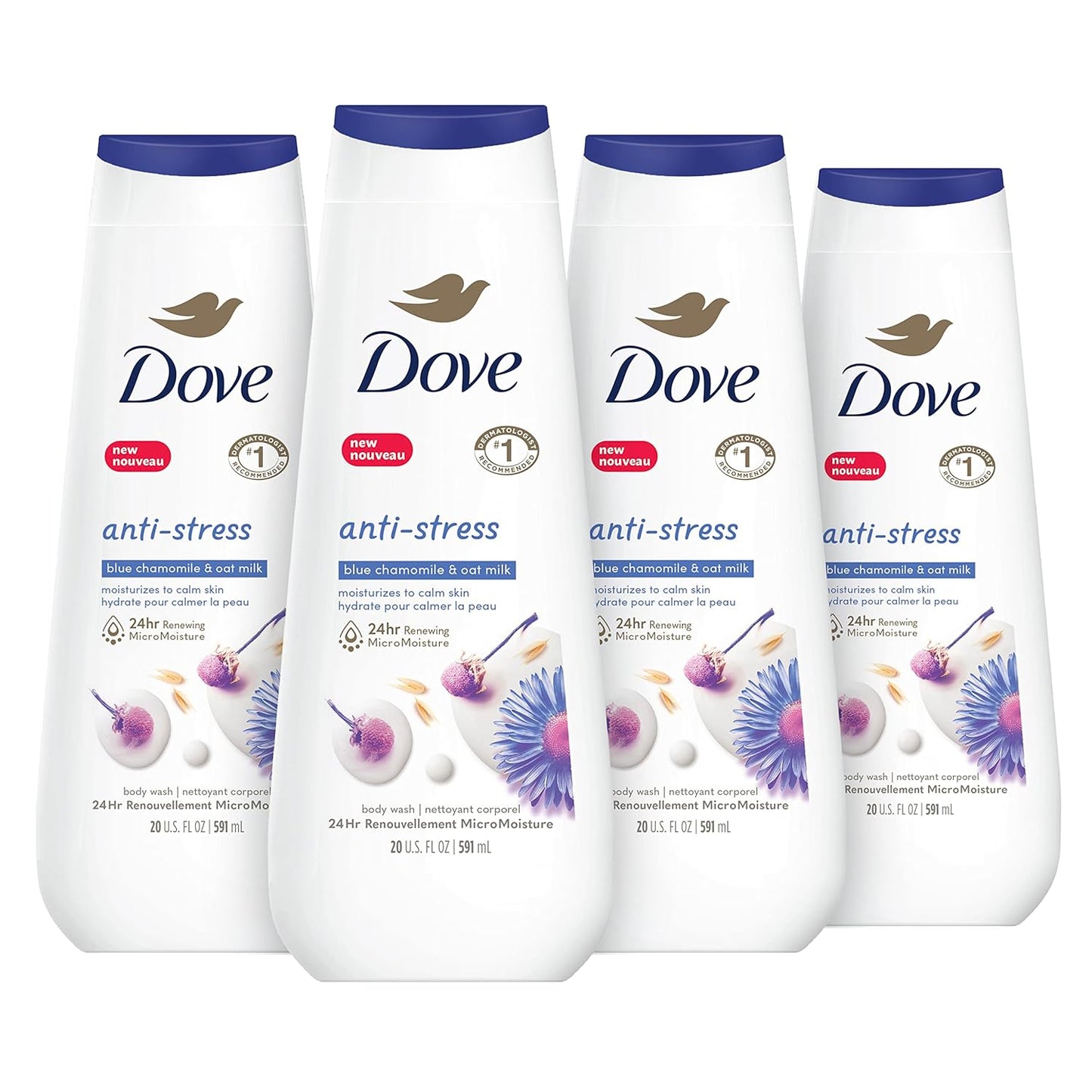 Dove Body Wash Anti-Stress Blue Chamomile & Oat Milk 4 Count for Renewed, Healthy-Looking Skin Moisturizing Gentle Skin Cleanser with 24hr Renewing MicroMoisture 20 oz - Renee Lane Company