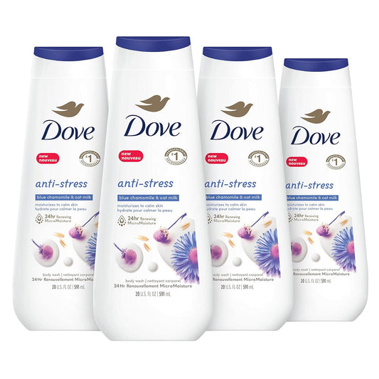Body wash bottles set: four white bottles with blue caps and blue chamomile labels.