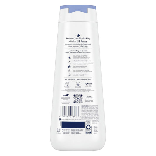 Body wash bottle back label on white bottle with blue cap.
