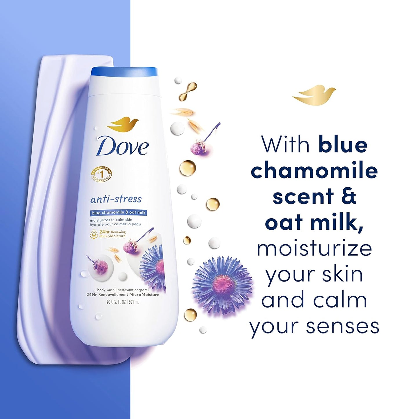 Dove Body Wash Anti-Stress Blue Chamomile & Oat Milk 4 Count for Renewed, Healthy-Looking Skin Moisturizing Gentle Skin Cleanser with 24hr Renewing MicroMoisture 20 oz - Renee Lane Company