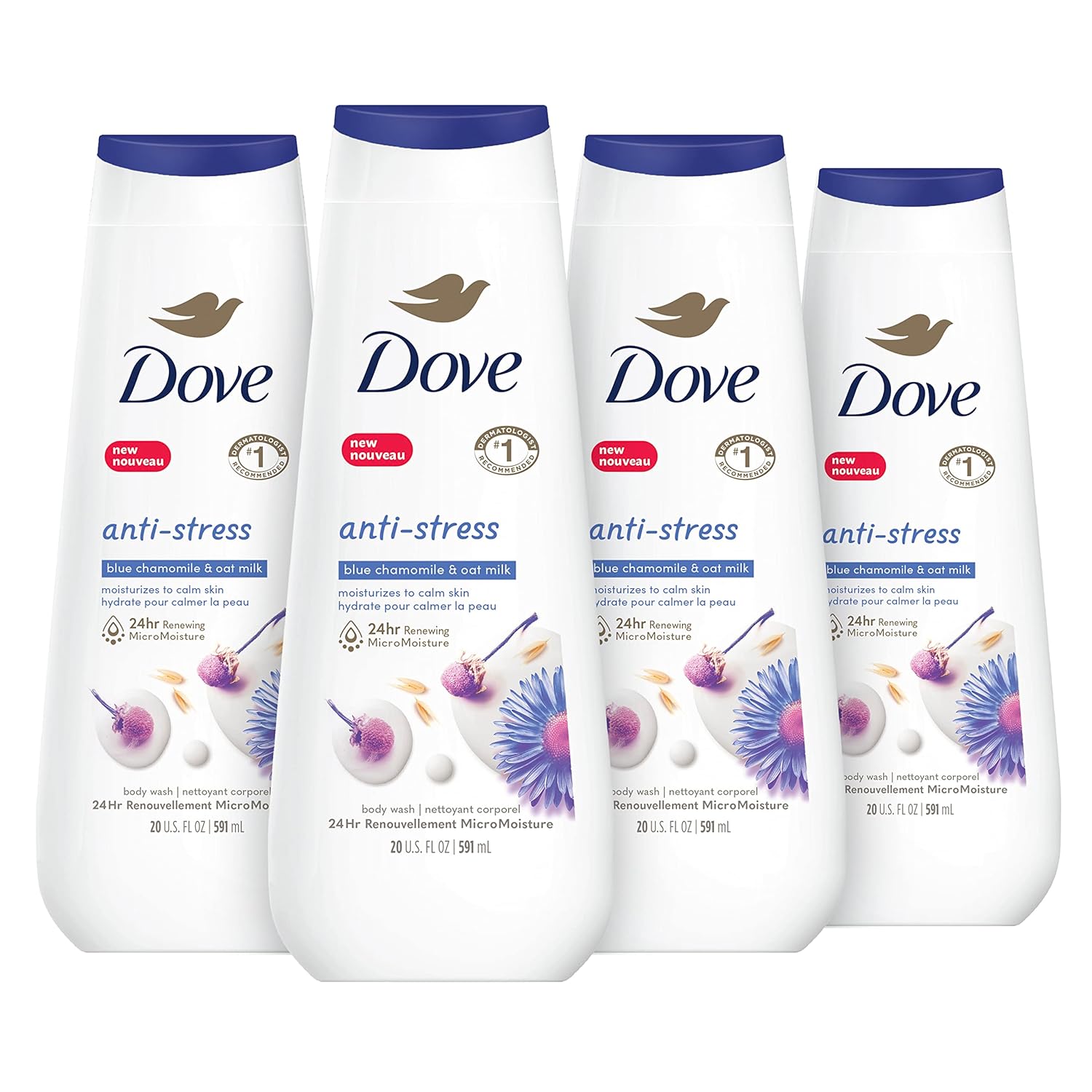 Dove Body Wash Anti-Stress Blue Chamomile & Oat Milk 4 Count for Renewed, Healthy-Looking Skin Moisturizing Gentle Skin Cleanser with 24hr Renewing MicroMoisture 20 oz - Renee Lane Company