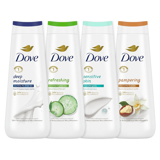 Body wash bottles with blue, green, white, and amber caps, 4-count variety set