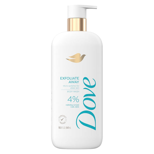 Exfoliate Away body wash bottle with gold pump, white, 4% refining serum