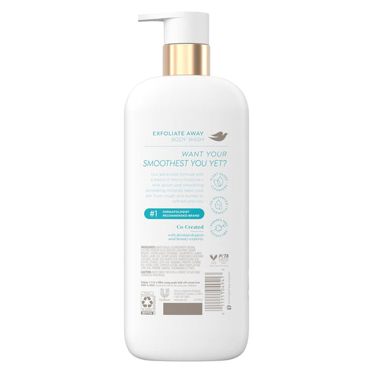 Exfoliate Away body wash bottle with gold pump, white, back label view