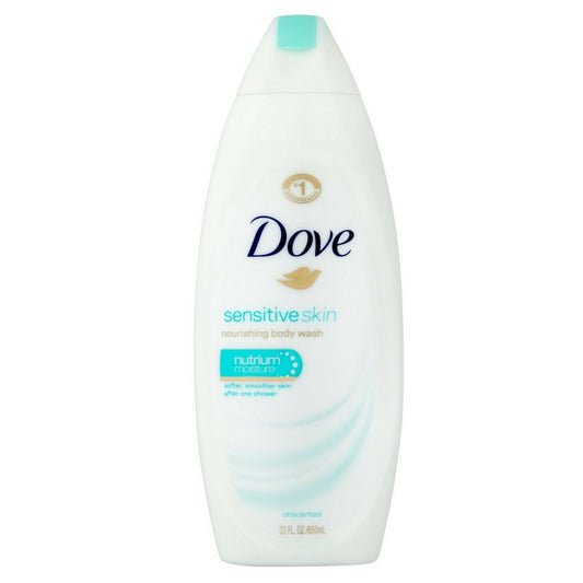 Dove sensitive skin nourishing body wash bottle, white with teal cap and front label