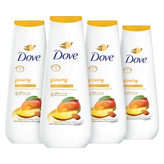 Dove body wash bottles, white with yellow caps and glowing mango & almond label