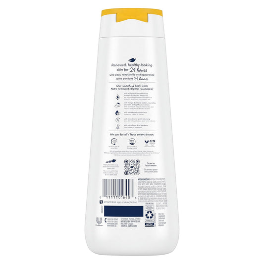 Dove body wash bottle back label, white bottle with yellow cap