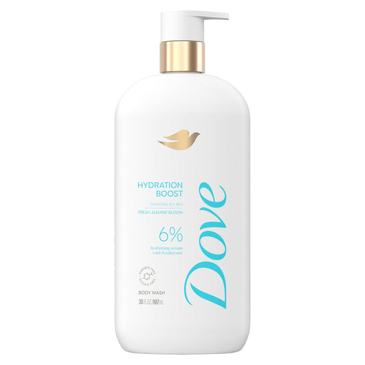 Hydration body wash bottle with gold pump, white bottle, 6% hydration boost label