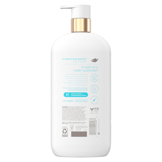 Hydration body wash bottle with gold pump, backside panel with printed details
