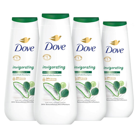 Pack of four Dove body wash bottles with green caps, aloe and eucalyptus label.