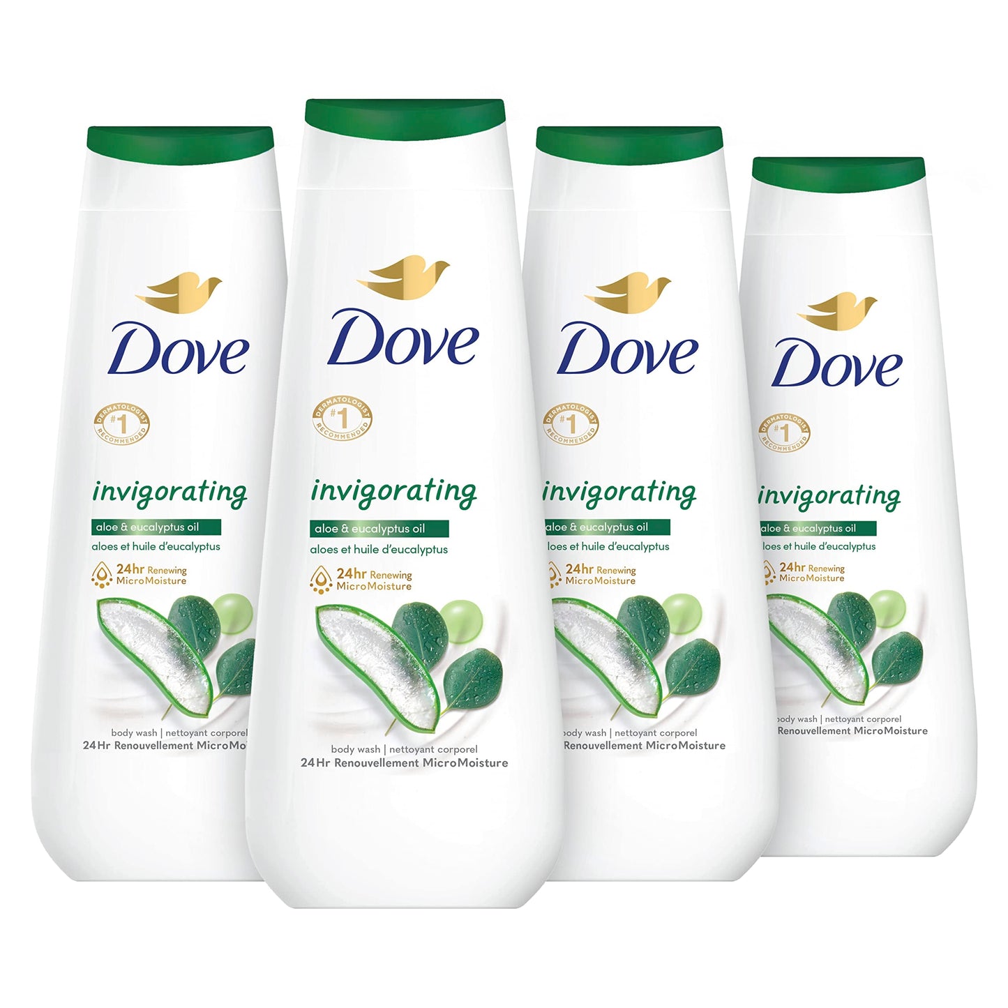 Dove Body Wash Invigorating With Aloe & Eucalyptus 4 Count For Dry Skin Refreshes and Invigorates Skin 20 oz - Renee Lane Company