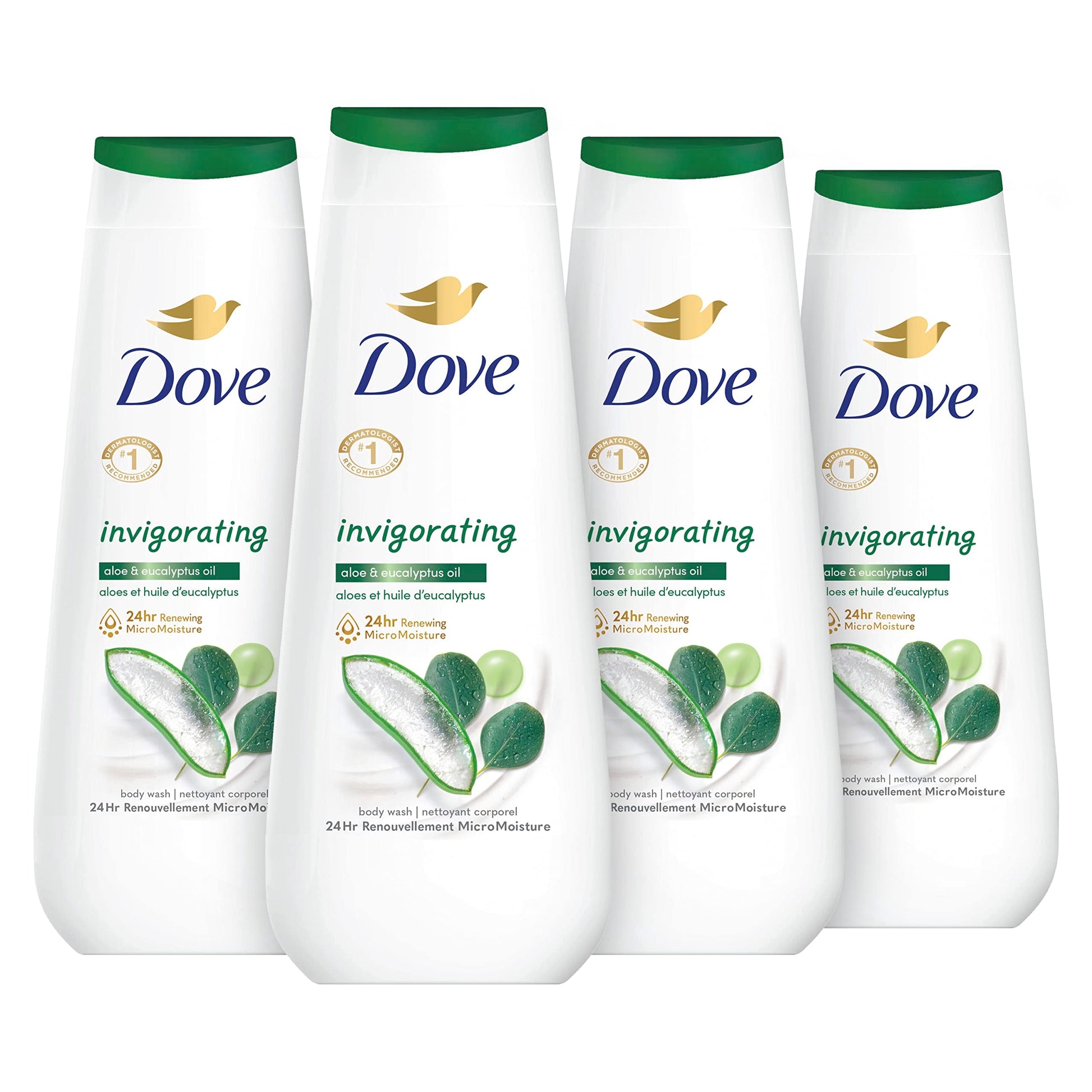 Dove Body Wash Invigorating With Aloe & Eucalyptus 4 Count For Dry Skin Refreshes and Invigorates Skin 20 oz - Renee Lane Company