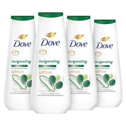 Dove Body Wash Invigorating With Aloe & Eucalyptus 4 Count For Dry Skin Refreshes and Invigorates Skin 20 oz - Renee Lane Company