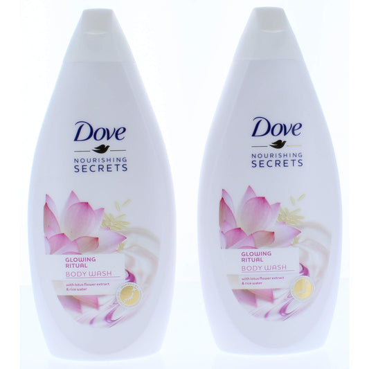 Two white Dove Nourishing Secrets body wash bottles with lotus flower and rice water graphics