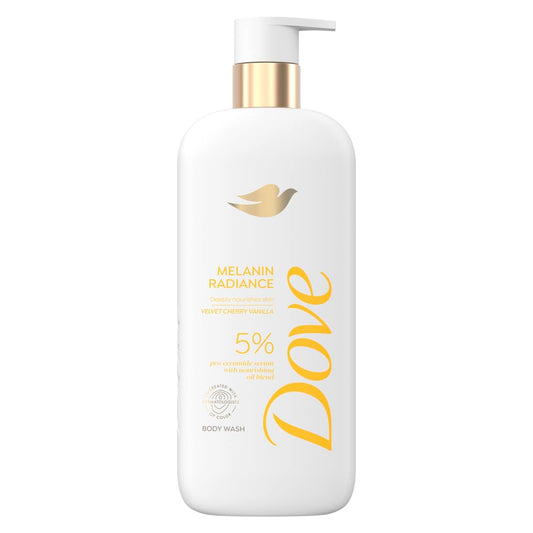 Dove body wash bottle with gold pump and white radiant care