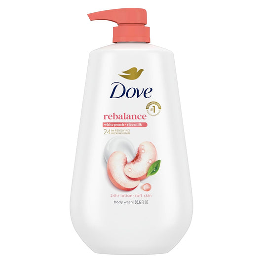 Dove Rebalance body wash bottle with coral pump, white peach and rice milk scent
