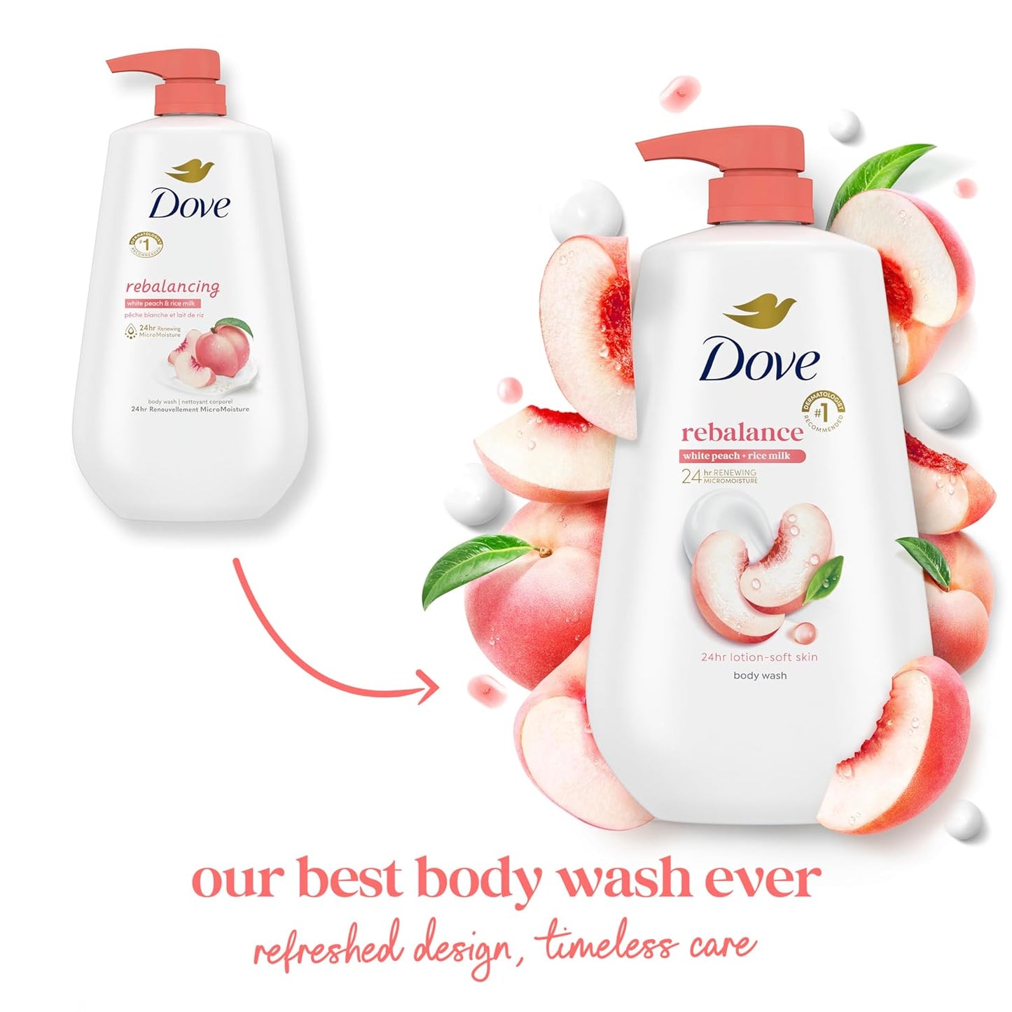 Dove Body Wash Rebalance White Peach & Rice Milk For 24hr Lotion-Soft Skin Moisturizing Skin Cleanser with No Sulfates No Parabens 30.6 oz - Renee Lane Company