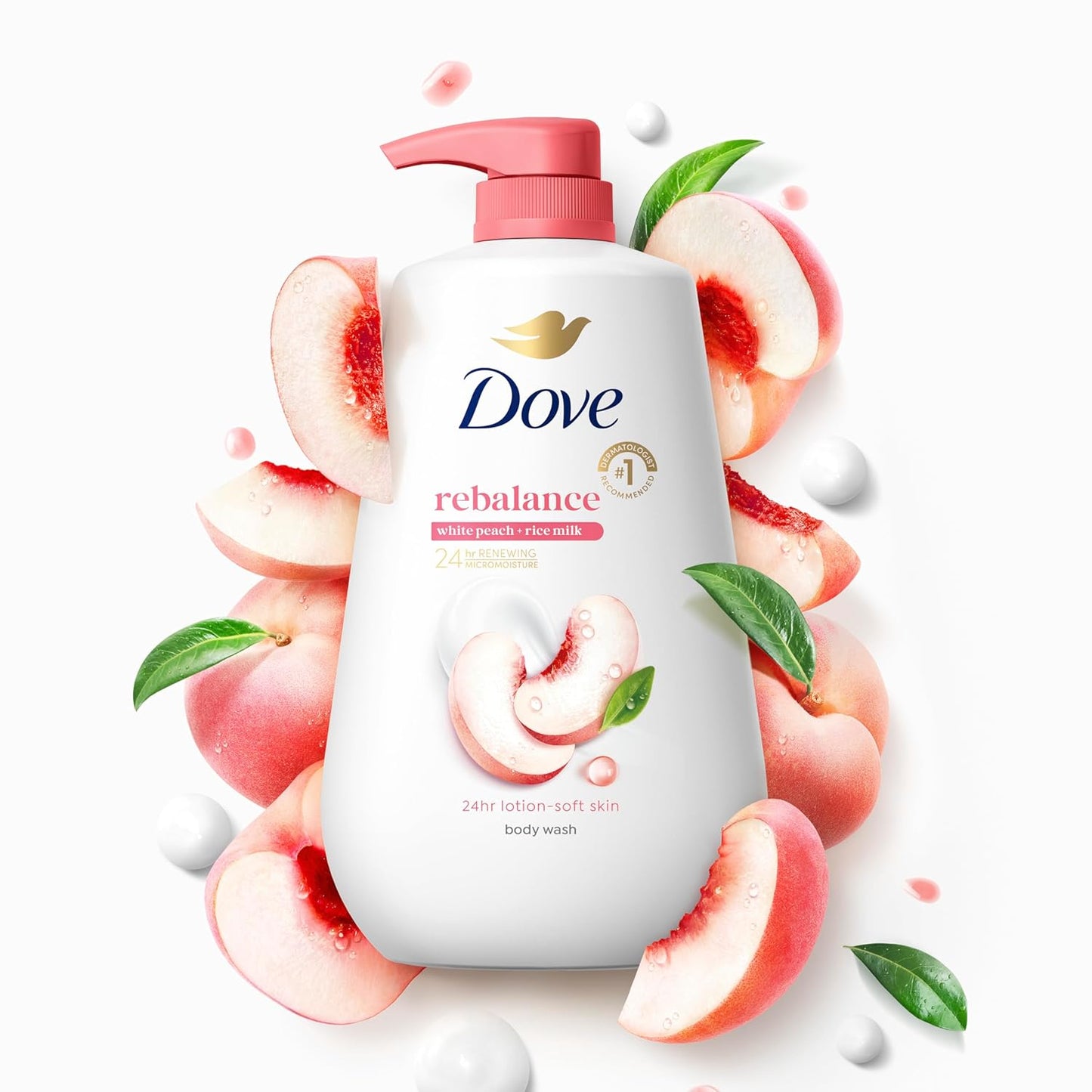 Dove Body Wash Rebalance White Peach & Rice Milk For 24hr Lotion-Soft Skin Moisturizing Skin Cleanser with No Sulfates No Parabens 30.6 oz - Renee Lane Company
