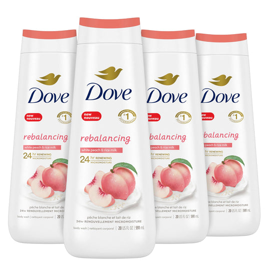 4-pack Dove body wash bottles showing multiple rebalancing scent labels on white bottles.