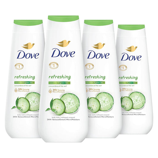 Refreshing body wash bottles, white with green caps, Dove logo, set of 4