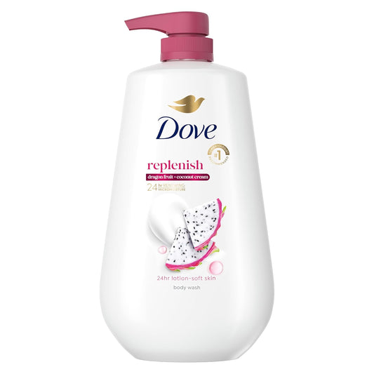Dove replenish body wash bottle with pink pump, dragon fruit and coconut cream
