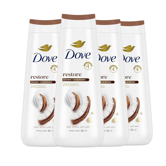 Set of four Dove body wash bottles, white with brown caps
