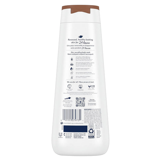 Dove body wash bottle with brown cap, rear label facing up