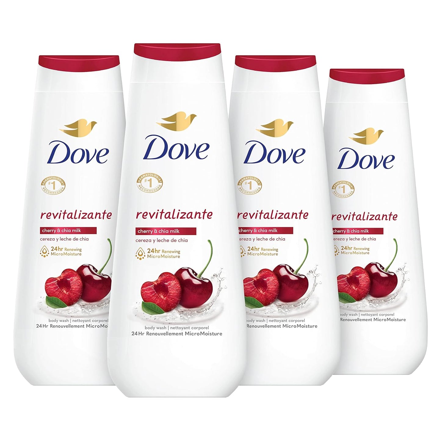 Dove Body Wash Revitalizante Cherry & Chia Milk 4 Count for Renewed, Healthy-Looking Skin Gentle Skin Cleanser with 24hr Renewing MicroMoisture 20 oz - Renee Lane Company