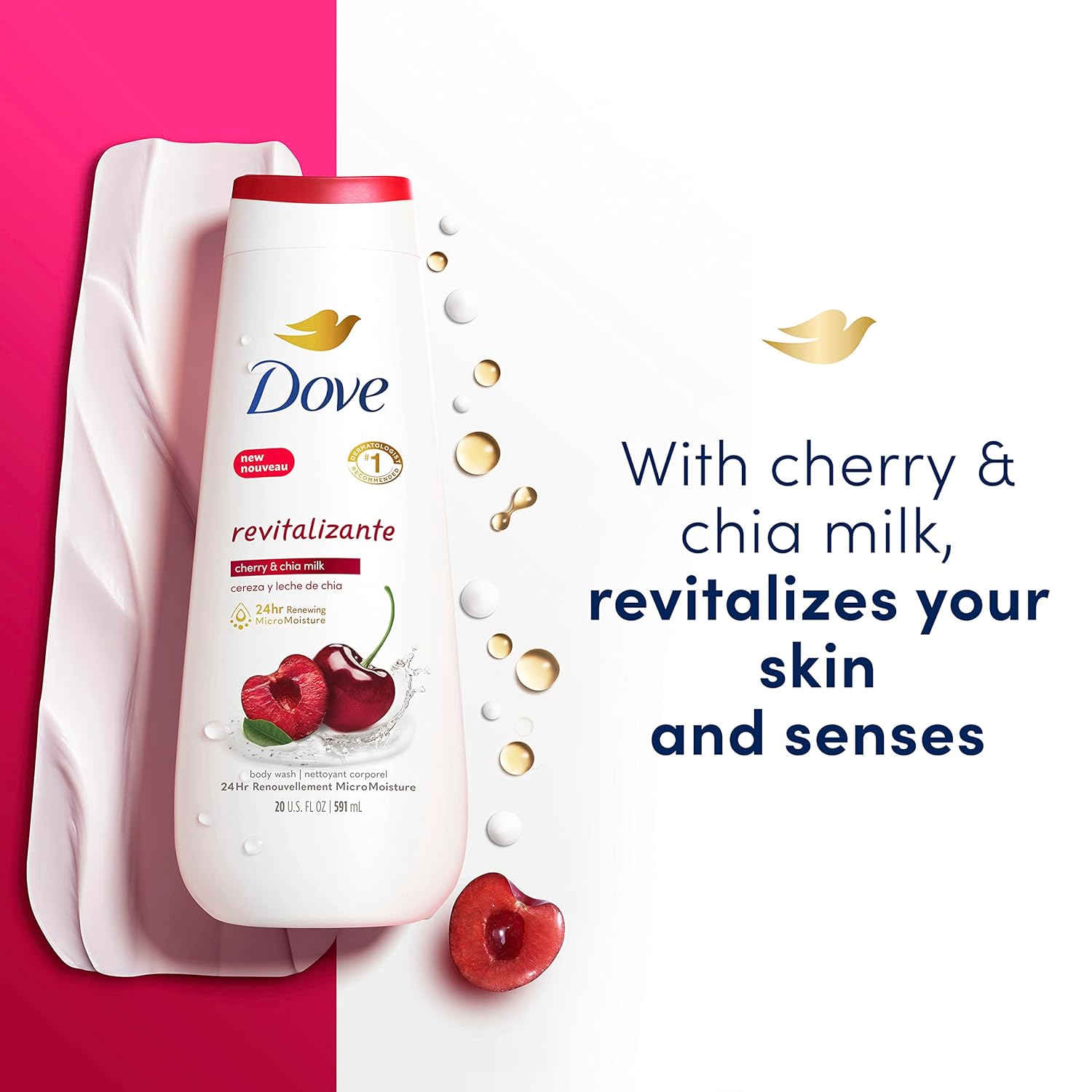 Dove Body Wash Revitalizante Cherry & Chia Milk 4 Count for Renewed, Healthy-Looking Skin Gentle Skin Cleanser with 24hr Renewing MicroMoisture 20 oz - Renee Lane Company