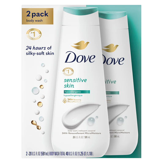 Two-pack Dove sensitive skin body wash with teal lids on white bottles