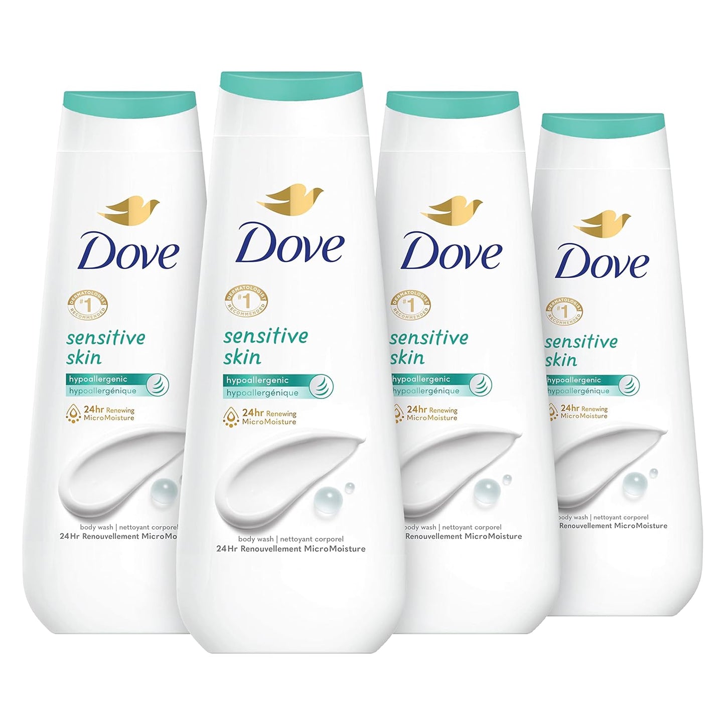 Dove Body Wash Sensitive Skin 4 Count Hypoallergenic, Paraben-Free, Sulfate-Free, Cruelty-Free, Moisturizing Skin Cleanser Effectively Washes Away Bacteria While Nourishing Skin 20 oz - Renee Lane Company