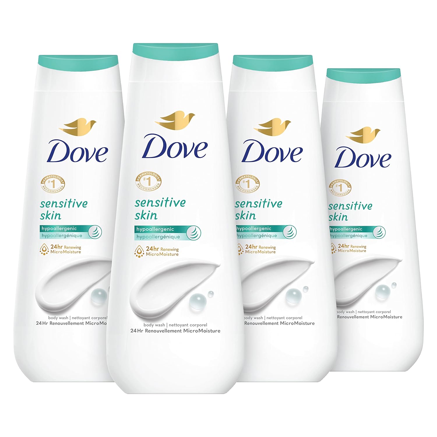 Dove Body Wash Sensitive Skin 4 Count Hypoallergenic, Paraben-Free, Sulfate-Free, Cruelty-Free, Moisturizing Skin Cleanser Effectively Washes Away Bacteria While Nourishing Skin 20 oz - Renee Lane Company