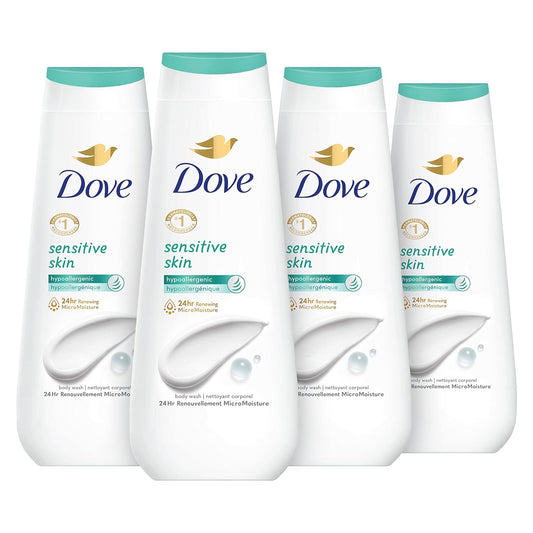 Body wash bottles: Dove Sensitive Skin, white with teal caps, 4-pack