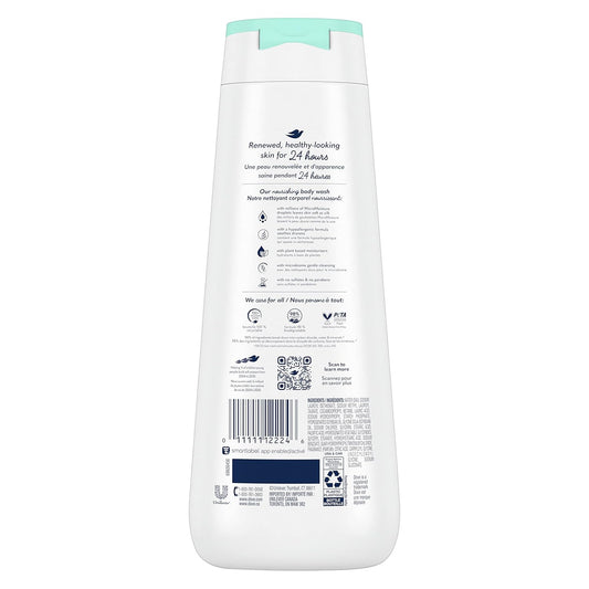 Back of body wash bottle: Dove Sensitive Skin, white bottle with teal cap