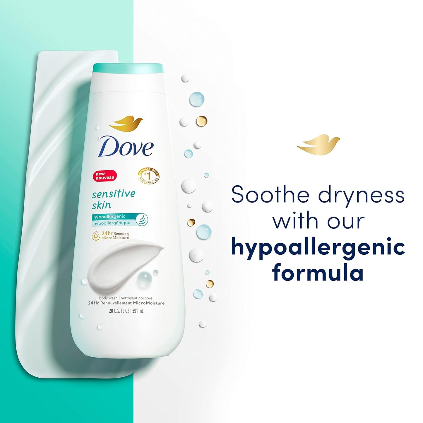 Dove Body Wash Sensitive Skin 4 Count Hypoallergenic, Paraben-Free, Sulfate-Free, Cruelty-Free, Moisturizing Skin Cleanser Effectively Washes Away Bacteria While Nourishing Skin 20 oz - Renee Lane Company