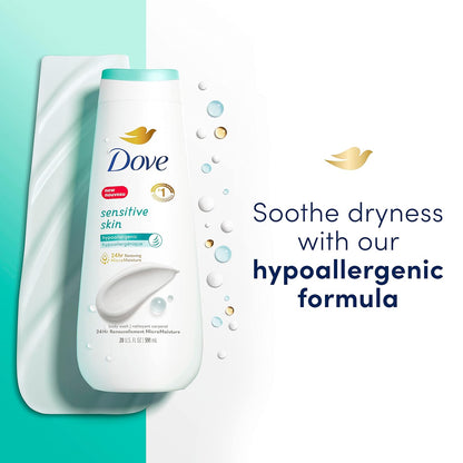 Dove Body Wash Sensitive Skin 4 Count Hypoallergenic, Paraben-Free, Sulfate-Free, Cruelty-Free, Moisturizing Skin Cleanser Effectively Washes Away Bacteria While Nourishing Skin 20 oz - Renee Lane Company