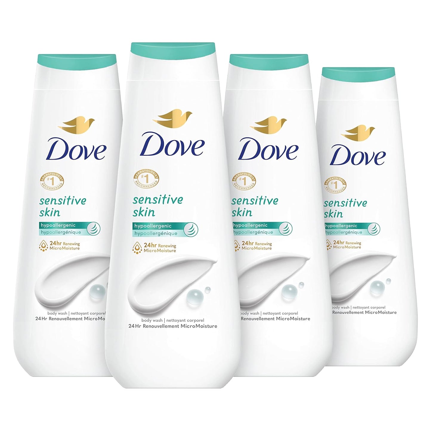 Dove Body Wash Sensitive Skin 4 Count Hypoallergenic, Paraben-Free, Sulfate-Free, Cruelty-Free, Moisturizing Skin Cleanser Effectively Washes Away Bacteria While Nourishing Skin 20 oz - Renee Lane Company