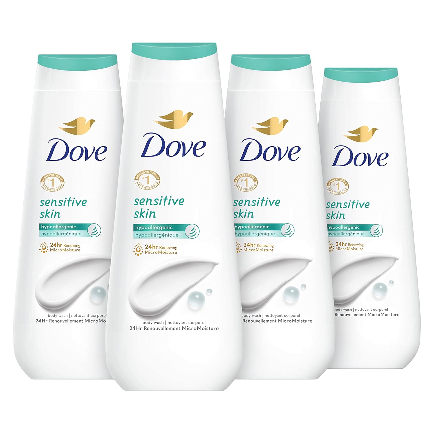 Dove Body Wash Sensitive Skin 4 Count Hypoallergenic, Paraben-Free, Sulfate-Free, Cruelty-Free, Moisturizing Skin Cleanser Effectively Washes Away Bacteria While Nourishing Skin 20 oz - Renee Lane Company